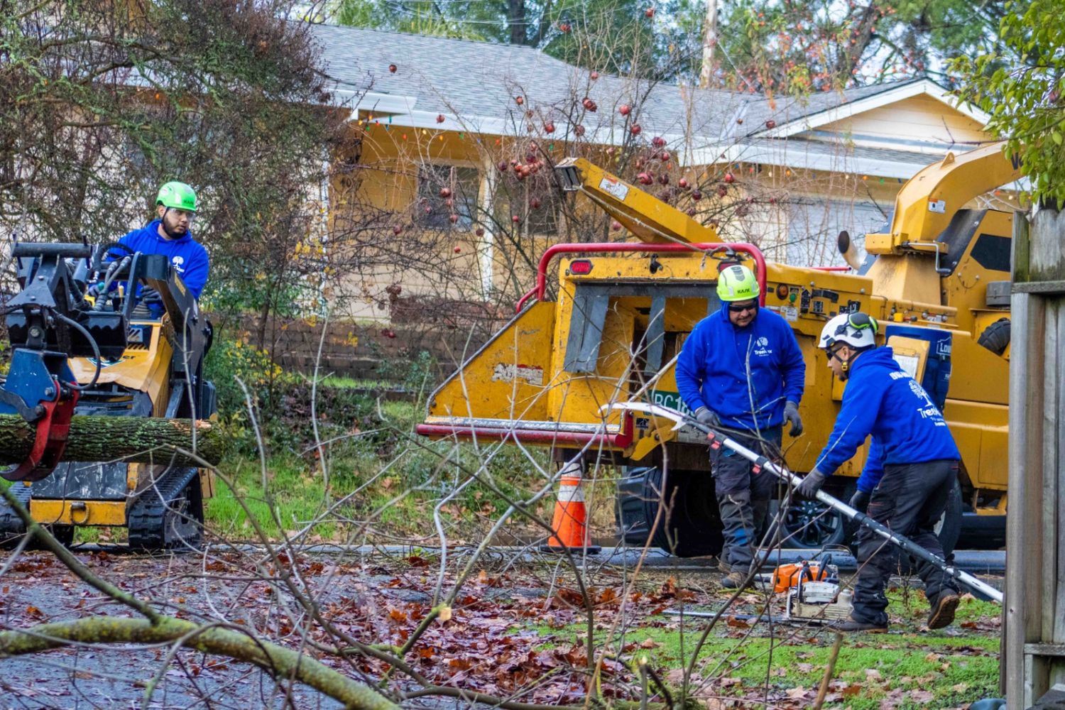 TreeMax crew feeding branches into a chipper